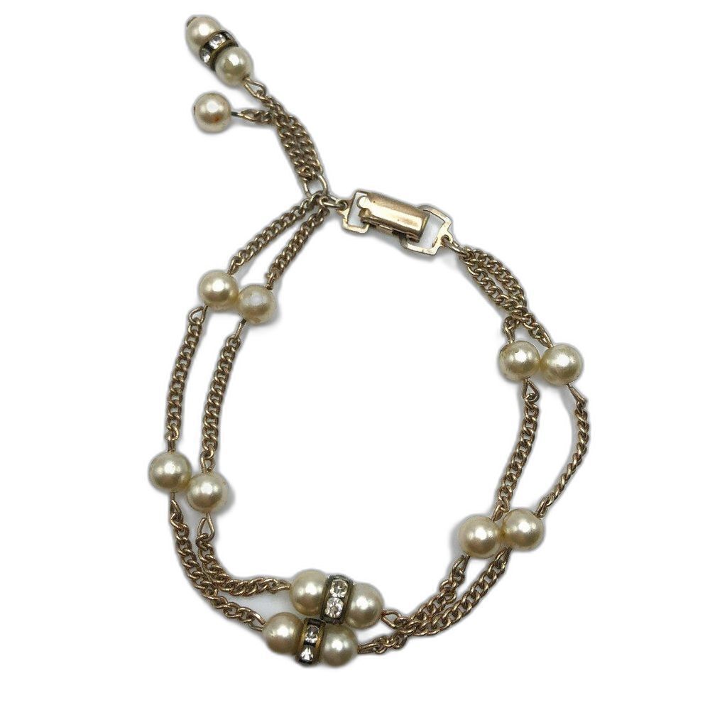 Vintage Pearl Rhinestone Costume Bracelet Gold Two Strand Dainty Evening Glam